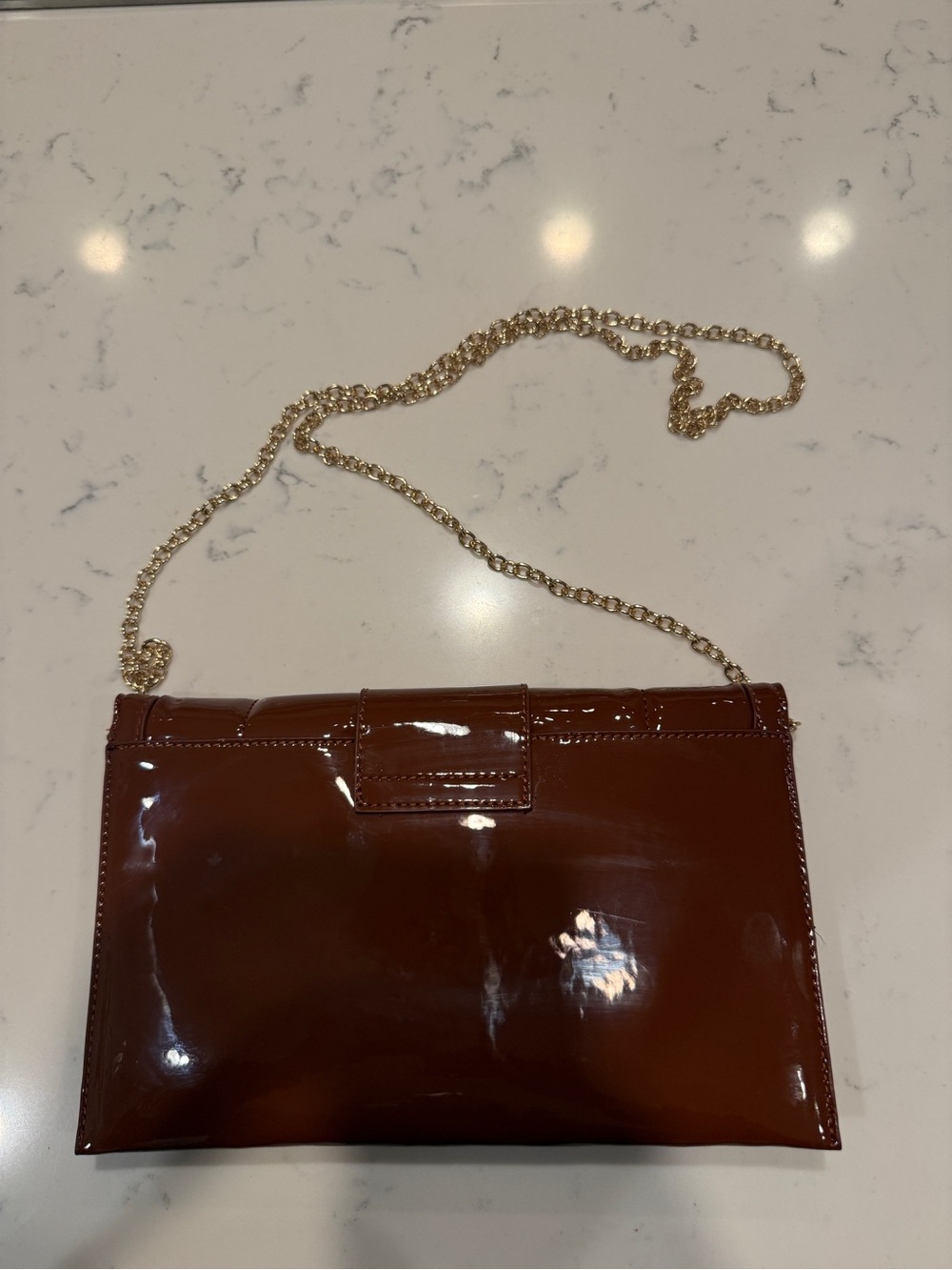 LIKE DREAMS BROWN COGNAC FAUX PATENT LEATHER CLUTCH EVENING PURSE GOLD CHAIN - Picture 6 of 13